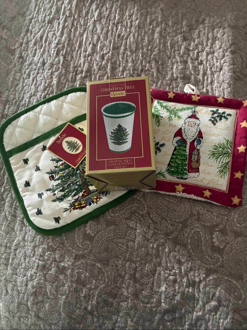 SET: Spode Christmas Tree Travel Mug , and Tree Pot Holder